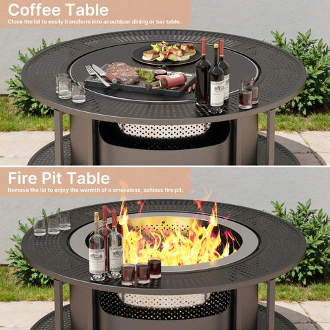 37 Inch Smokeless Fire Pit Tabletop For Outdoor Patio Made Of Stainless Steel Wood Burning With Weather Resistant Cover Includes Low Smoke Fire Ring And Double Wall Ventilation For Fuller Burn And Chill Vibes For Gatherings, shown as a coffee table and a fire pit.