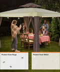 Beige 10x10 Patio Gazebo Tent With Removable Netting Outdoor Canopy Shelter For Garden Backyard Deck And Lawn 100 Sq Ft Shade Portable Easy Setup Not A Permanent Structure Great For BBQs And Chill Sessions with people dining underneath.