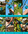 Four In One Pole Saw And Electric Pruning Shears For Tree Trimming With A Six Inch Mini Chainsaw Cordless Pruning Tool close-up use
