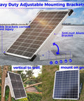 50W Solar Panel Kit With 12V Trickle Charger Maintainer And 10A MPPT Charge Controller Plus Adjustable Mount Bracket. Waterproof IP67 aluminum frame shown in garden setup.