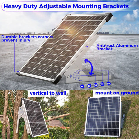 50W Solar Panel Kit With 12V Trickle Charger Maintainer And 10A MPPT Charge Controller Plus Adjustable Mount Bracket. Waterproof IP67 aluminum frame shown in garden setup.