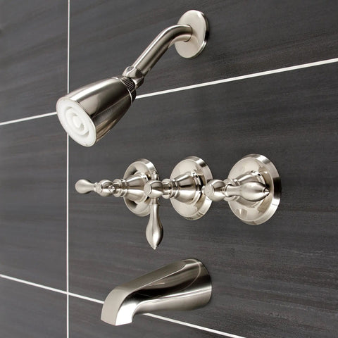 American Classic Triple-Handle Tub And Shower Faucet In Brushed Nickel Durable Solid Brass Construction Wall Mount Washerless Cartridge