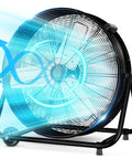 24 Inch Industrial Drum Fan With High Velocity Airflow, Heavy Duty Metal Air Circulator, 3 Speed Settings, Adjustable Tilt, Big Wheels, Black