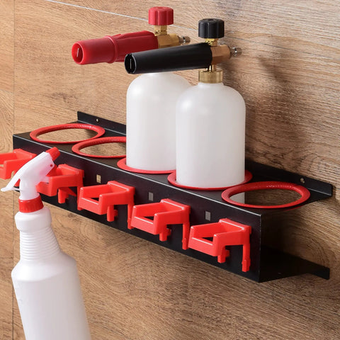 Spray Bottle Storage Rack Car Detailing Organizer For Bottles 2 Pack With 5 Holes And 5 Heavy Duty Plastic Hooks Mounted On Wall