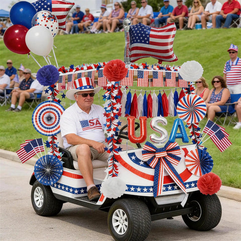 Patriotic golf cart decorated with All In One 4th Of July Golf Cart Decor Kit For Parades And Independence Day Patriotic Banner Tassel Garlands Fringe Curtains Star Garlands Paper Pompoms And Flag Balloons To Deck Out Your Ride.