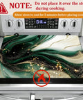 Green Gold Marble Stovetop Cover For Glass Cooktops, Heat Resistant Flat Top Mat Protects Countertop From Dust, Scratches, And Spills, Easy Clean Up, 28 X 20 Inch on stove with warning sign