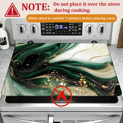 Green Gold Marble Stovetop Cover For Glass Cooktops, Heat Resistant Flat Top Mat Protects Countertop From Dust, Scratches, And Spills, Easy Clean Up, 28 X 20 Inch on stove with warning sign