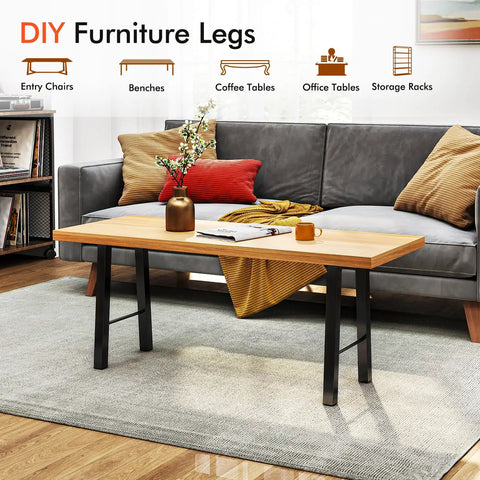 Living room setup featuring a wooden coffee table with 20 Inches Metal Coffee Table Legs Set Of 2 With Pre Drill Holes Industrial Black End Table Bench Leg Supports For DIY Furniture Building Durable Steel For Custom Tables.