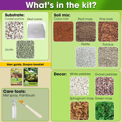 Contents of All In One Terrarium Kit With Premium Soil Mix Pumice Zeolite Moss Sphagnum Moss Decorative Stones Mesh And Tools