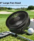 Magnetic Rechargeable Golf Cart Fan 7 Point 5 Inch With 10000 mAh Battery on grass beside golf club and ball