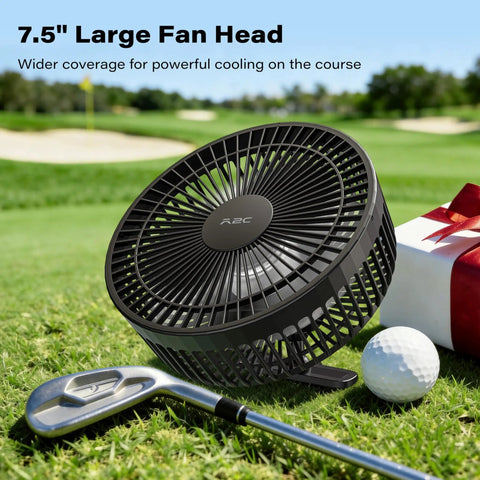 Magnetic Rechargeable Golf Cart Fan 7 Point 5 Inch With 10000 mAh Battery on grass beside golf club and ball