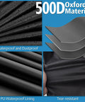 Collage showing features of 500D Oxford material used in Heavy Duty Waterproof Patio Table Cover 56L x 32W x 28H Inches
