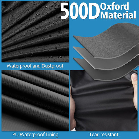 Collage showing features of 500D Oxford material used in Heavy Duty Waterproof Patio Table Cover 56L x 32W x 28H Inches