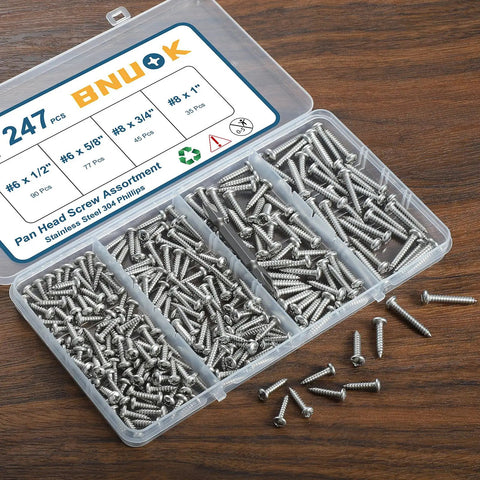 247 Piece Pan Head Wood Screw Set For Home DIY Projects, Stainless Steel 304 Self Tapping Screws, Phillips Drive in case