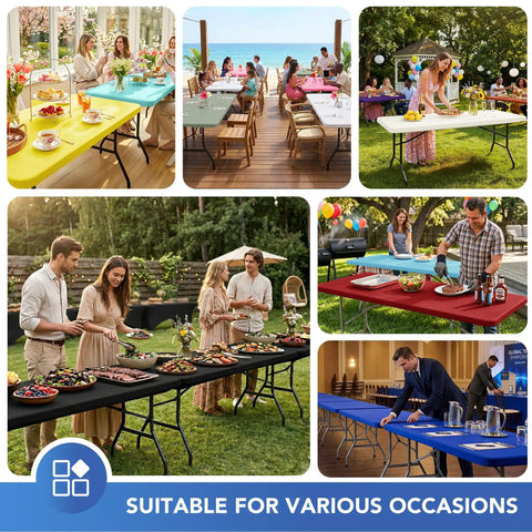 Six Pack Fitted Tablecloth For 6 Foot Rectangular Tables Black Elastic Spandex Stretch Table Cover For Outdoor Hangouts Camping Dining Room Patio Kitchen Banquet Party 6 Ft Folding Table Cloths displayed at various events