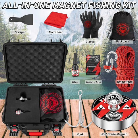 Beast Magnet Fishing Kit 3000LBS Pull With 4.72 Inch N52 Neodymium Magnet 10 Piece Treasure Hunting Set 65 Foot Rope Hook Case Gloves Scraper