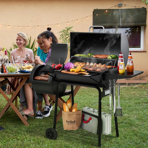 Smokin Hot Charcoal Grill With Offset Smoker For Outdoor Cooking 823 Sq In Total Surface with food grilling next to a table.
