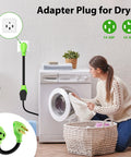 Plug And Play Nema 14-50 To 14-30 Power Adapter Cord converts dryer outlet, 1 foot green cable shown next to washing machine.