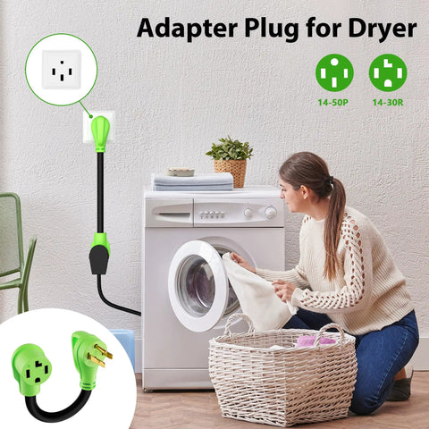 Plug And Play Nema 14-50 To 14-30 Power Adapter Cord converts dryer outlet, 1 foot green cable shown next to washing machine.