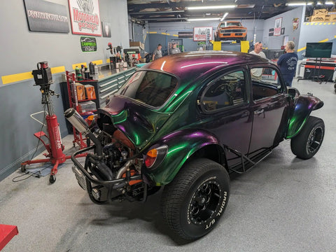 Fresh Shop Grade Superflake Colorshift Basecoat Paint Gallon Ready To Spray With Slow Reducer Binder For Custom Rigs on a modified car.