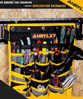 Wall Mounted Tool Organizer With Multiple Pockets For Track Rail Systems Heavy Duty Hanging Tool Holder For Trailers Trucks Vans And Warehouses Durable Steel Construction Keeps Tools Neatly Accessible In Any Job Site. wall-mounted E-track tool organizer with 26 pockets, steel and 840D fabric, mounted on board wall