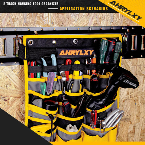 Wall Mounted Tool Organizer With Multiple Pockets For Track Rail Systems Heavy Duty Hanging Tool Holder For Trailers Trucks Vans And Warehouses Durable Steel Construction Keeps Tools Neatly Accessible In Any Job Site. wall-mounted E-track tool organizer with 26 pockets, steel and 840D fabric, mounted on board wall