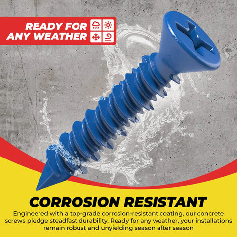 Pro Grade Self Tapping Concrete Screws With Tough Diamond Point And Flat Phillips Head 3/16 X 1-1/4 Inches Heavy Duty Blue Steel Fasteners For Hassle Free Rock Solid Mounting On Brick And Concrete