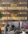 Living room with brown shiplap wall using Wood Look Peel And Stick Vinyl Plank Roll For Floors Walls Bathrooms And Countertops