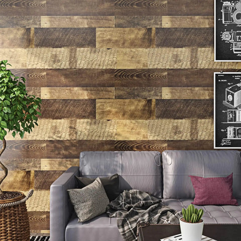 Living room with brown shiplap wall using Wood Look Peel And Stick Vinyl Plank Roll For Floors Walls Bathrooms And Countertops