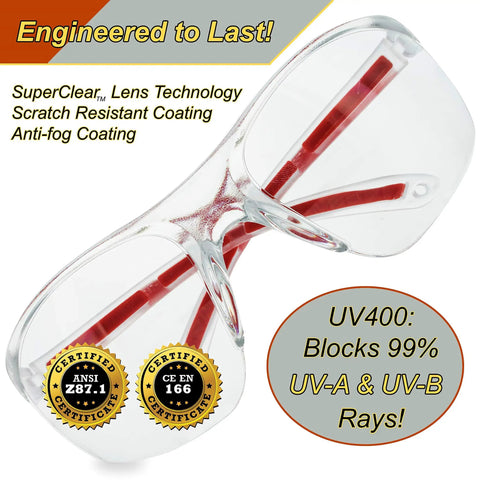 All Day Comfort Clear Safety Glasses With SuperLite Lens Technology And SuperClear Optics, showing certification and UV protection