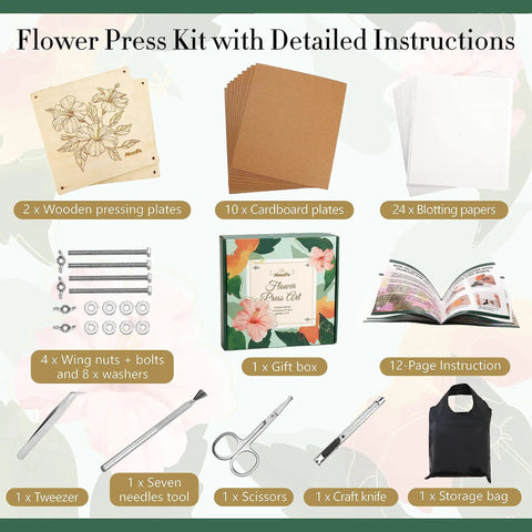 11x11 Inch 10 Layer Flower Press Kit including wooden plates, cardboard, blotting papers, tools, and instructions for DIY crafts.