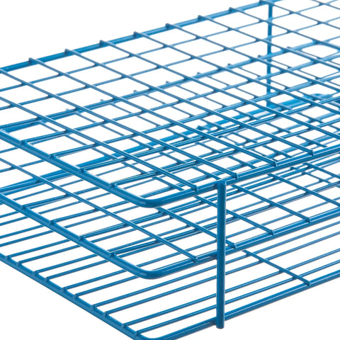 Close-up of 96-Place Test Tube Rack For 16-17mm Tubes With Durable Wire Frame And Chemical-Resistant Blue Epoxy Coating Autoclavable