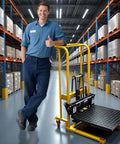 Front view of a yellow hydraulic material lift stacker with diamond-plate platform and adjustable forks in warehouse.