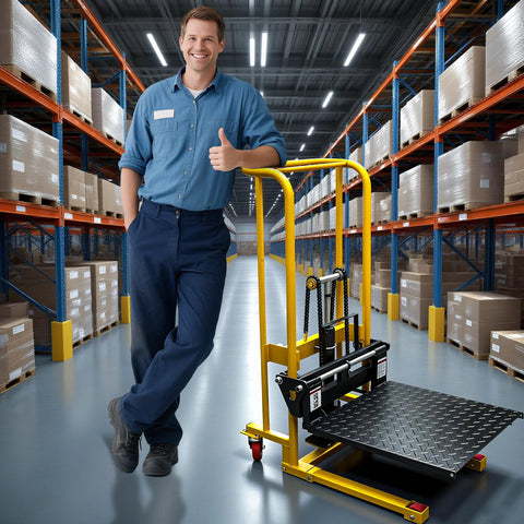 Front view of a yellow hydraulic material lift stacker with diamond-plate platform and adjustable forks in warehouse.