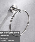 Brushed Nickel Toilet Paper Holder And Towel Ring Set 2 Piece Stainless Steel Bathroom Hardware Kit SUS304 Wall Mount Sturdy Built To Last Corrosion Resistant Easy Install Matte Finish Bath Accessories showing a towel ring on concrete wall.