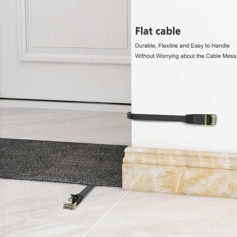 Cat 7 Ethernet Cable 25 Ft Ultra Fast 10Gbps Shielded Flat LAN Patch Cord For Gaming shown installed under carpet and along wall