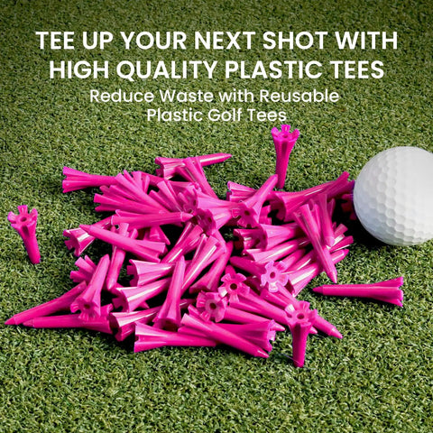 Pink plastic 1.5 inch 5 prong golf tees bulk pack with golf ball on grass for irons and hybrids, improve ball contact, 50 100 200 count