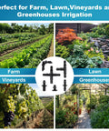 Collage showing a 1/4 Inch Drip Irrigation Fittings Kit With Barbed Connectors Tees Elbows End Plugs And Couplings in farm, vineyard, lawn, greenhouse settings.