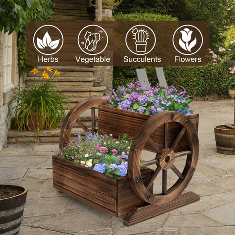 Wooden Wagon Planter Box With Wheels For Indoor And Outdoor Patio Garden Decor Ideal For Flowers Herbs Vegetables And Succulents.