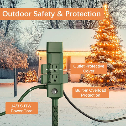 Dang Tough Outdoor Power Stake Timer With 25 Foot Hella Waterproof Extension Cord and six grounded outlets by a holiday tree.