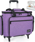 Portable Sewing Machine Case With Wheels And Shoulder Strap, Universal Rolling Trolley Tote With Multiple Storage Pockets, Durable Travel Bag In Purple