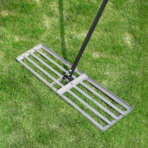 Pro Grade Lawn Leveling Rake With Stainless Steel Pole, Heavy Duty 36x10 Inch Leveller on grass, rust resistant high carbon steel tool