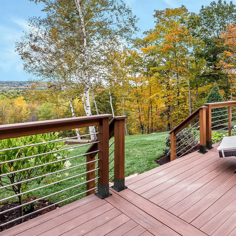 Deck with Beefy 4x4 Post Anchor Base With 3.6 X 3.6 Inch Inner Size, Heavy Duty Post Brackets, surrounded by autumn trees