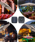 Collage of 1.2W Solar Panel for Patio Umbrella With 4-Pin Connector Waterproof Replacement Charging Kit in outdoor settings