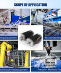 Four Nema 23 2-Phase Hybrid Stepper Motors Deliver Beefy 2.8 Nm Torque and 425 Oz-In Holding Torque 1.8 Degree Dual Shaft shown in CNC and textile applications.