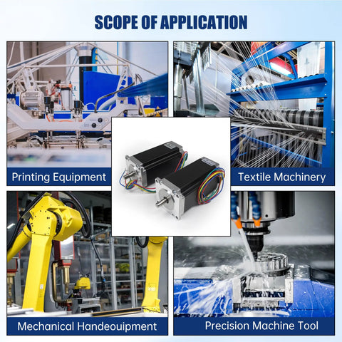 Four Nema 23 2-Phase Hybrid Stepper Motors Deliver Beefy 2.8 Nm Torque and 425 Oz-In Holding Torque 1.8 Degree Dual Shaft shown in CNC and textile applications.
