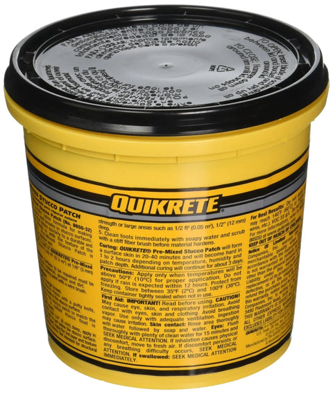 Image of Pre Mixed Stucco Patch Light Gray 865032 No Mess Fast Easy Repair For Walls And Exterior Masonry DIY Friendly Patch Cracks And Holes In Stucco Weather Resistant Durable Smooth Finish in a yellow container.