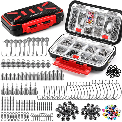 264 Piece Fishing Accessories Kit With Organized Tackle Box Includes Weights Sinker Jig Hooks Swivels Beads Nails Drop Shot Weights Bullet Weights And 10 Ready To Go Rigs For Bass And Trout displayed in open tackle box