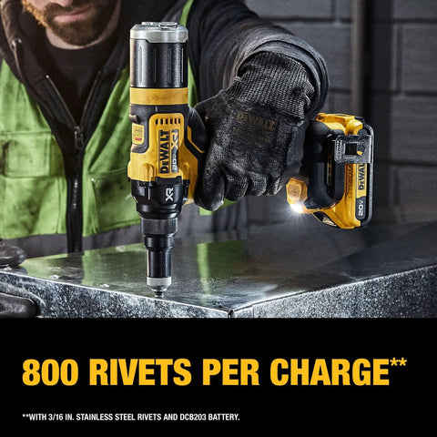 Using 20V Max XR Cordless Rivet Tool Three Sixteenths Inch With Brushless Motor, 2100 Lbf Pulling Force, 800 Rivets Per Charge