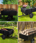 Beefy Heavy Duty Garden Dump Cart With 900 Pound Capacity, Steel Yard Trailer for lawn tasks shown with mulch, plants, tools, and logs.
